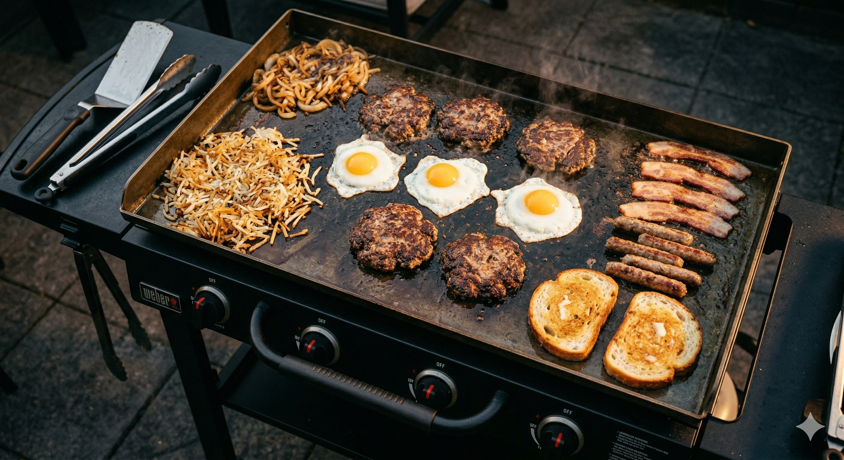 Smash burgers sizzling on the Weber Slate 36 flat top griddle