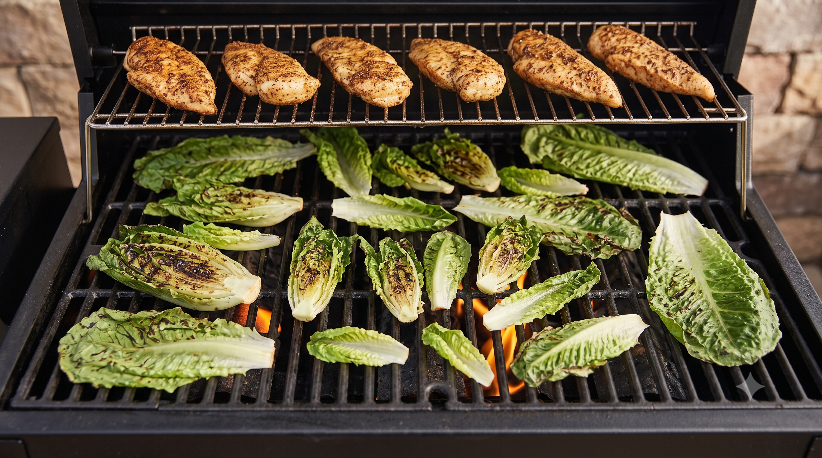 Grilled Romaine and Chicken Caesar Salad with garlic bread