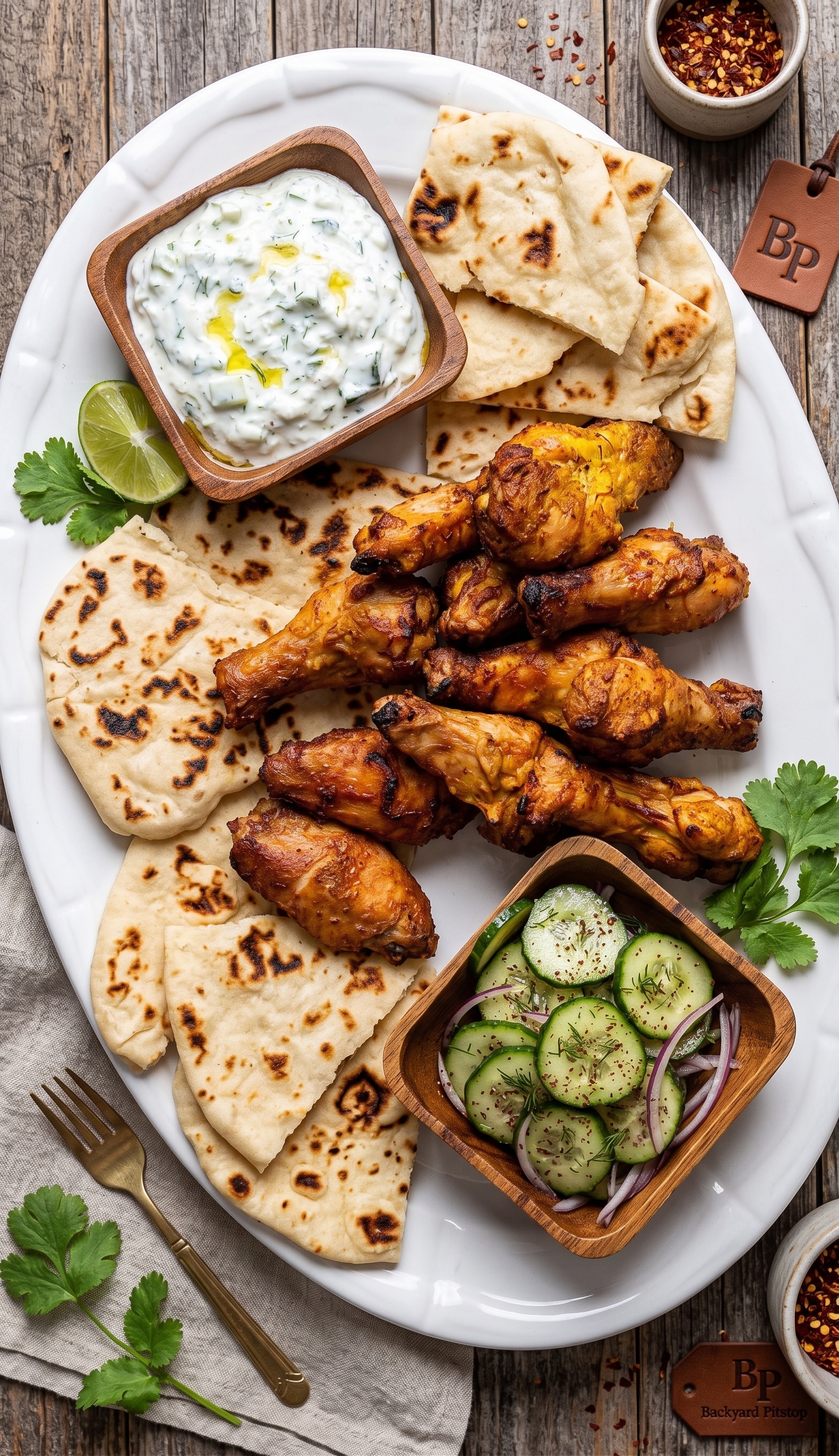 Smoked Tandoori Chicken Wings with Skillet Flatbread and Raita