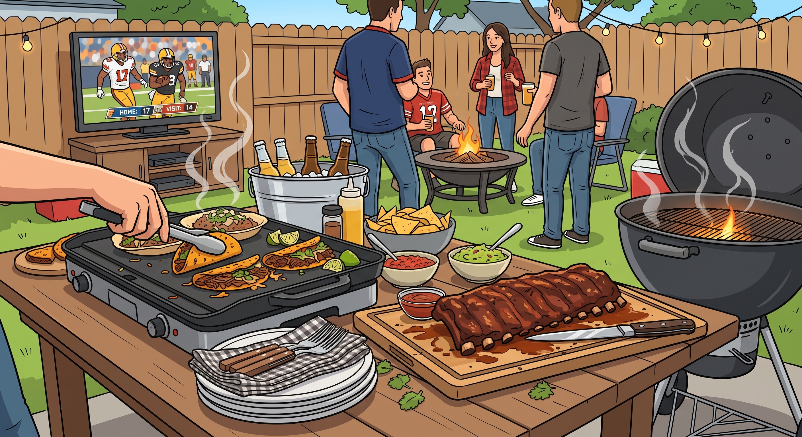 Backyard tailgate spread with ribs, tacos, and griddle food ready for football season